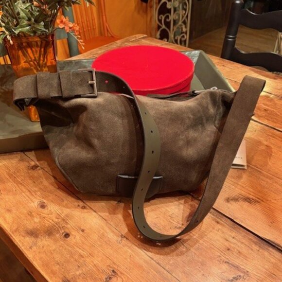 AllSaints Madea Slouch Suede Shoulder Bag ~ Olive Green ~ NEW WITH TAGS - Picture 2 of 9